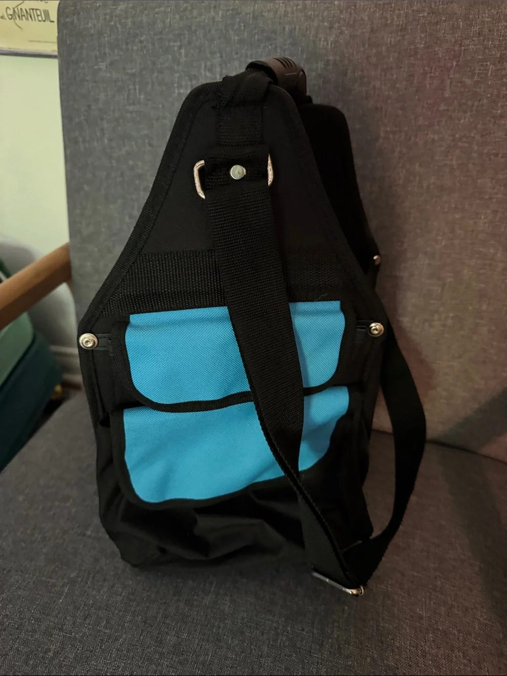 Black Craft Utility Shoulder Bag with Blue Accent pockets. Clips. Divider